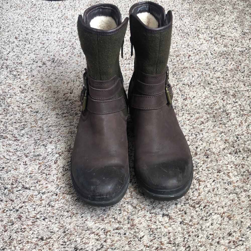 UGG WOMENS SIMMENS BROWN LEATHER WOOL BLEND GREEN UPPERS BOOTS SIZE 6.